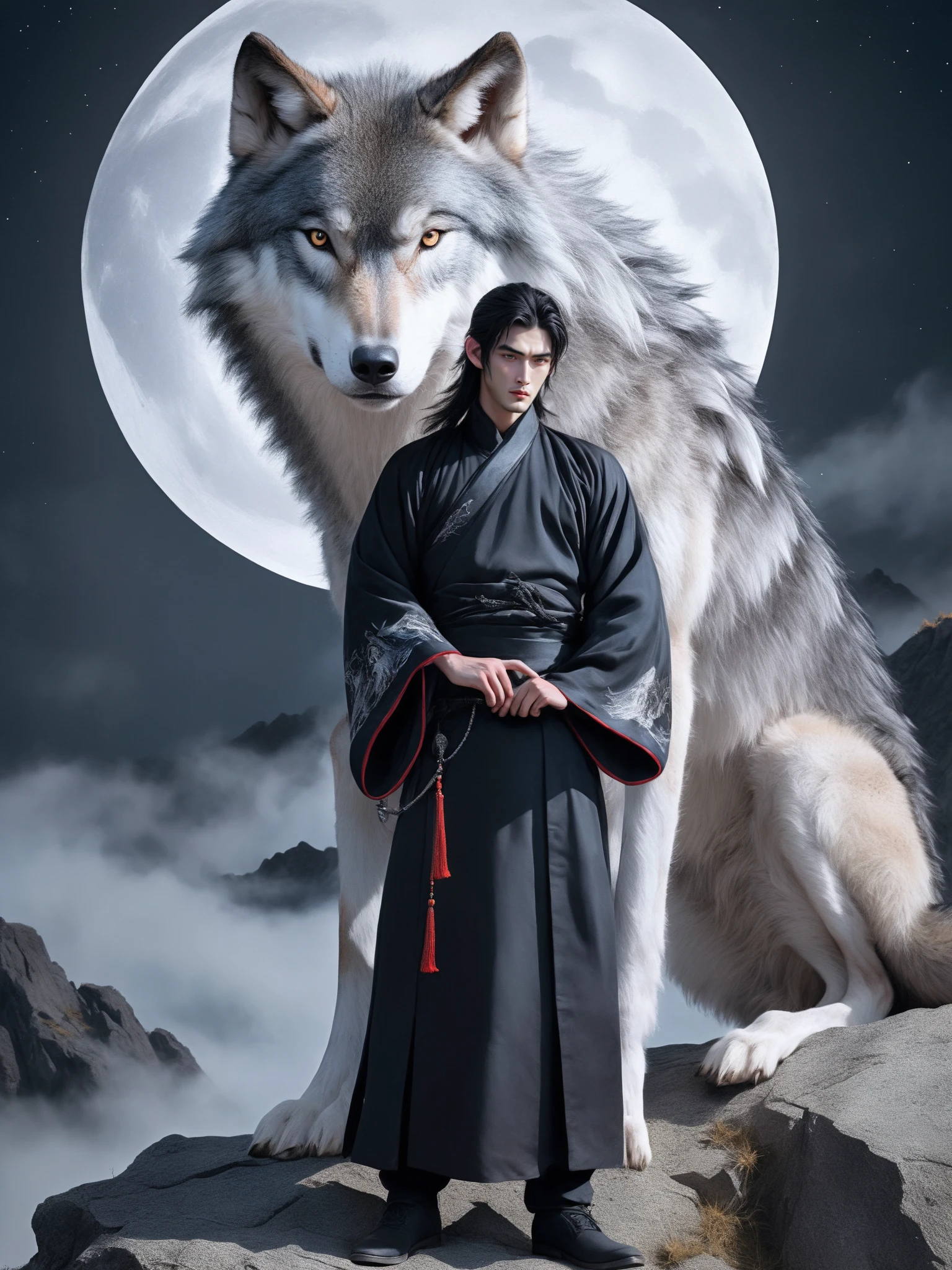 FRESHIDEAS,A fantastical young man dressed in a traditional Asian-style costume in a flowing black and dark robe,he has black hair adorned with silver accents,and a giant wolf with gray fur and light red markings sits behind him. The wolf,about 30 times his size,had a dark background,and they stood on a rocky outcrop in a dark mountain area under a full moon. The scene is mysterious and powerful,
The wolf's ******** temperament in the dark is highlighted Starry sky. Impato,surrealist style.,