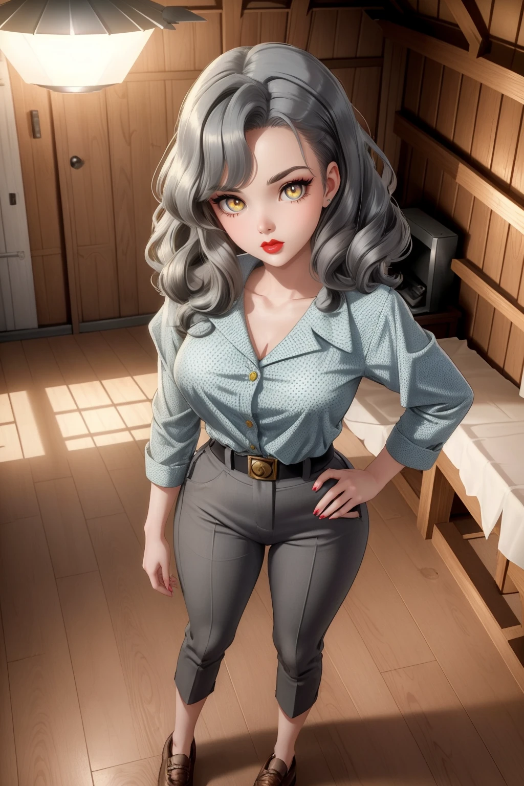 1950s fashion, 1950shighwaistpants, professional anime drawing of  20yo teen female, ((Yellow)) pants, clothing details, shoes, (posing), (dark gray) hair, 4k, 8k, high quality, perfect lighting, detailed face and detailed eyes, skin detail,  solo focus, anime, (1950s ((shed))),  clean smooth skin, looking at camera, detailed eyes, pretty face, full body posing, (Amber Tamblyn,Julia Styles,Hannah Murray as 37yo female:0.8), 1950s, ((top view))  <lora:1950shighwaistpants:0.5>, anime