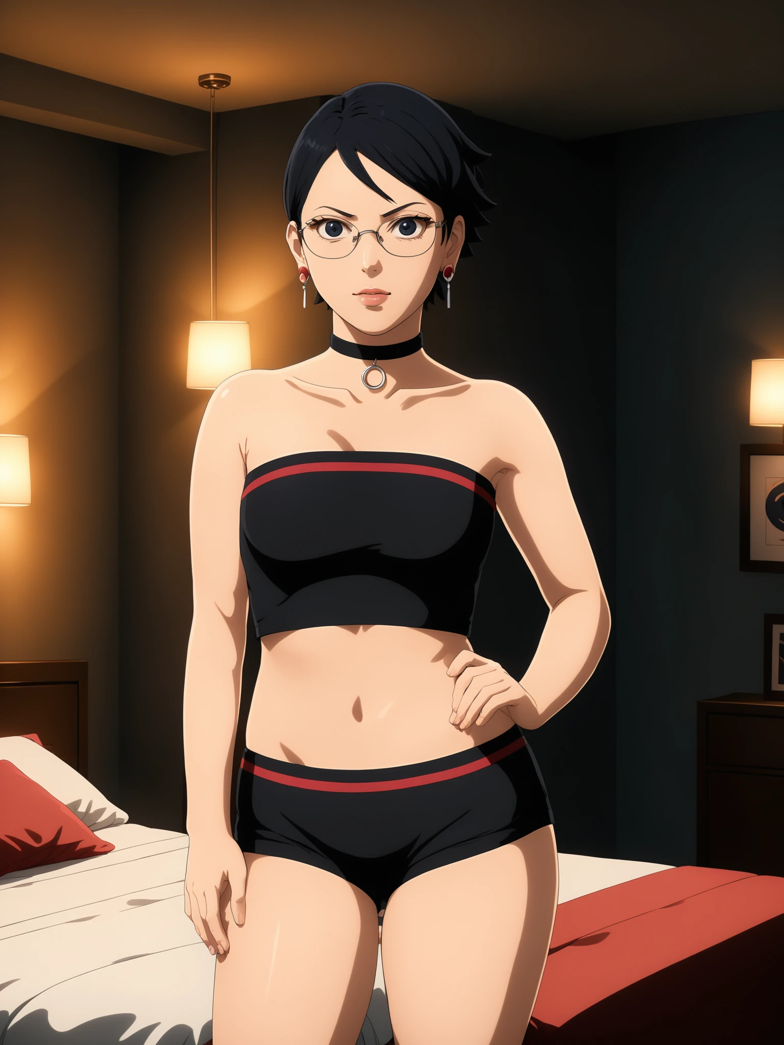 sarada uchiha, woman, black eyes, (beautiful symmetrical perfect detailed deep eyes), detailed eyes, detailed face, perfect face, (seductive eyes), beautiful face, cute, beautiful lips, elegant, glasses, earrings, o-ring choker, black crop top, black shorts, midriff, navel, athletic body, petite, looking at viewer, hand on hip, standing, full body, cowboy shot, dim lighting, intimate lighting, indoors, bedroom, simple background, bokeh effect, realistic shadows, volumetric lighting, colorful, vibrant, in style of Masashi Kishimoto (anime coloring, anime screencap, Naruto anime style), <lora:add-detail-xl:1>, <lora:sarada_uchiha_sdxl_v1:1>,