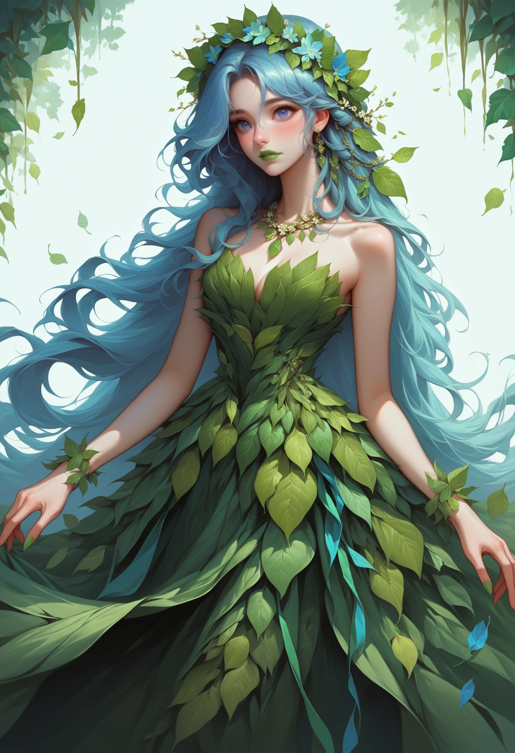 score_9, score_8_up, score_7_up, source_anime, <lora:wrenchleafloompdxl-000004:1>, wrenchleafloom, gown, leaf, white background, leaf clothing, head wreath, <lora:AlsacePDCAMEq2v2.0 AL:1>, alscesd, light blue eyes, very long hair, sidelocks tied back, green lipstick, jewelry,