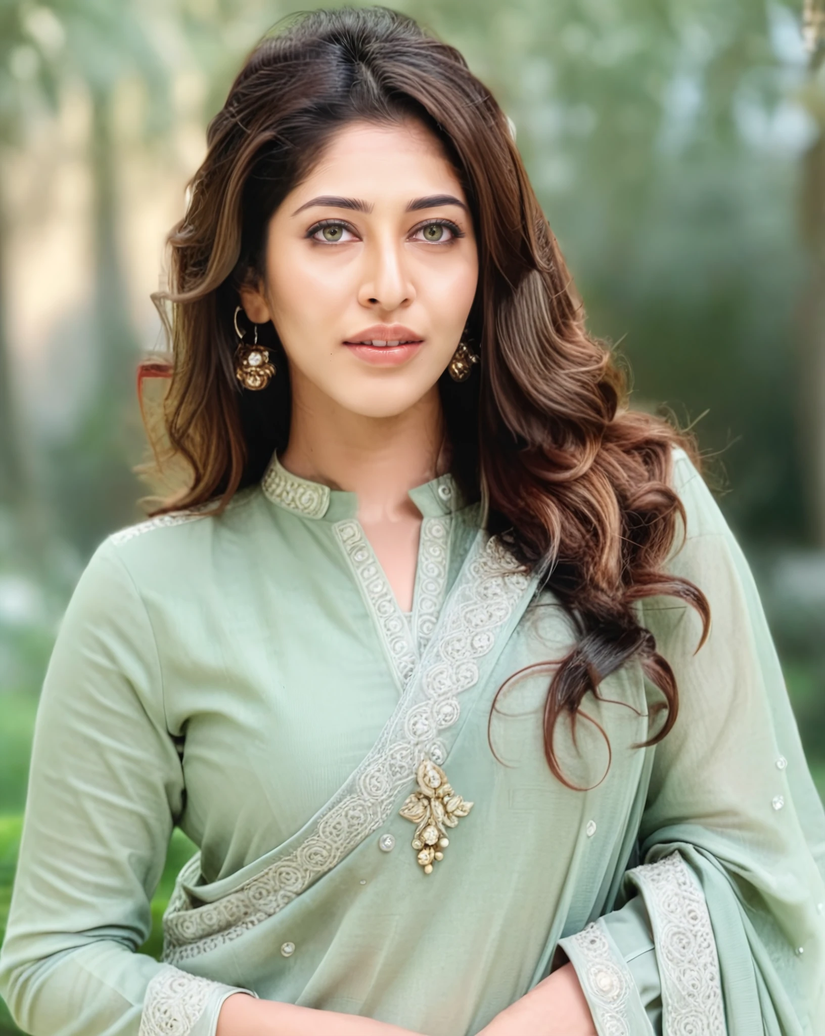 photo of Sonarika Bhadoria woman,  wearing conservative Sage colored clothing, full body, dynamic pose, Looking at the camera, soft lighting, outdoors in bokeh   <lora:Sonarika_Bhadoria_SDXL_LoRA_adafactor:1>