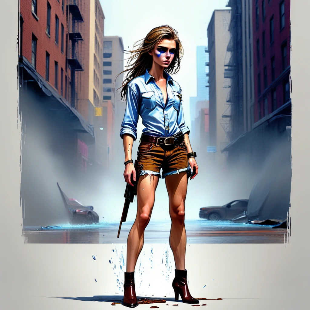 long hair, bracer, small breasts, shirt, high heels, wet, black lips, sash, denim, blue eyes, 1boy, day, handgun, city, brown shorts, male focus, anklet, facial mark