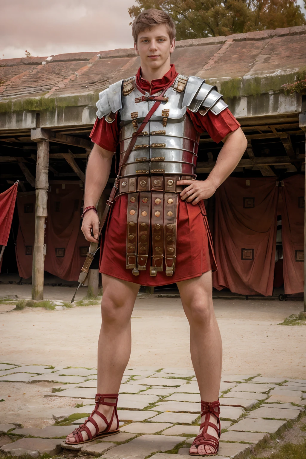 barracks of a Roman fort, KasparDixon is wearing loriseg armor, (red tunic), (red shirt), (sandals), slight smile, (((full body portrait))), (full body), wide angle, <lora:loriseg:0.7> <lora:fantrome_v3:0.5> <lora:KasparDixon:0.8>