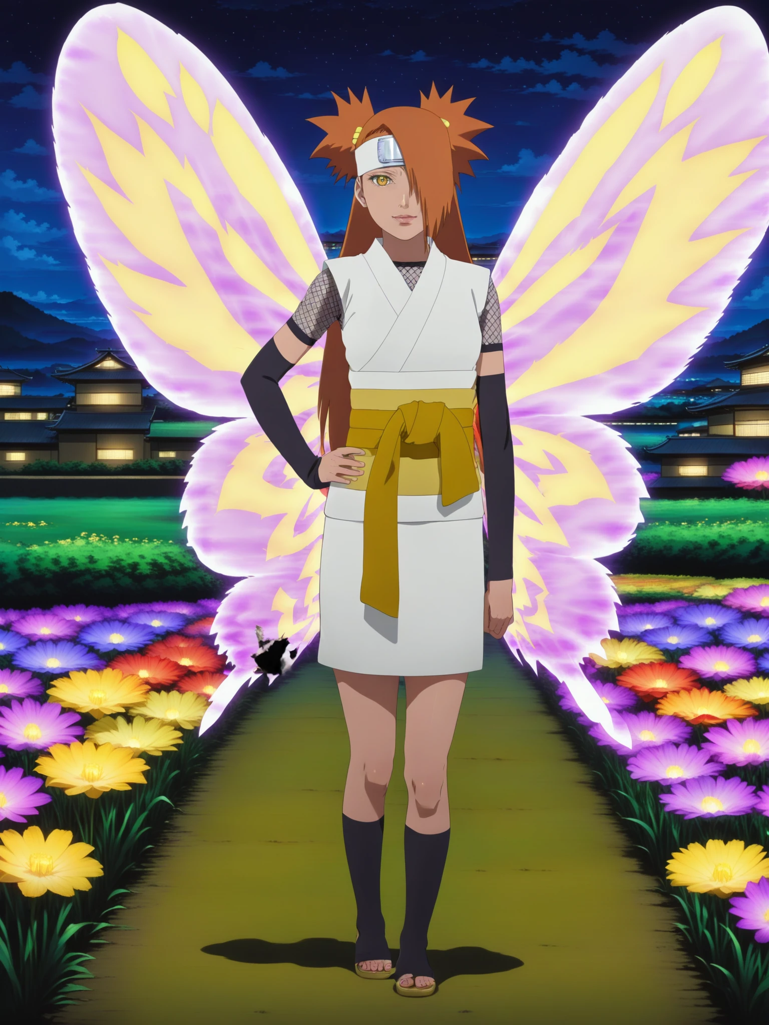 chocho akimichi, woman, chodef, butterfly mode, purple wings, forehead protector, white kimono, fishnet shirt, (toeless footwear, toes), arm warmers, sleeveless, yellow sash, dark yellow ribbon, detailed background, night, flower field, pond in background, hand on hip, standing, full body, candid shot, <lora:Chocho_Akimichi_sdxl_v2:1>,