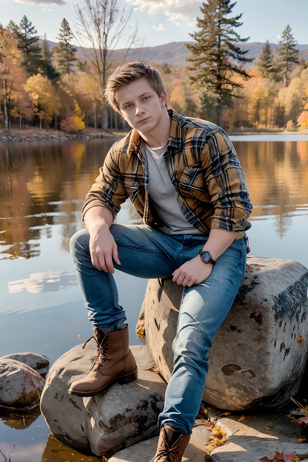 golden hour, edge of a tranquil lake, forested hill in background, fall foliage, ((sitting on a boulder)), KasparDixon, wearing flannel shirt, jeans, boots, masterpiece, (((full body portrait))), wide angle,  <lora:KasparDixon:0.8>