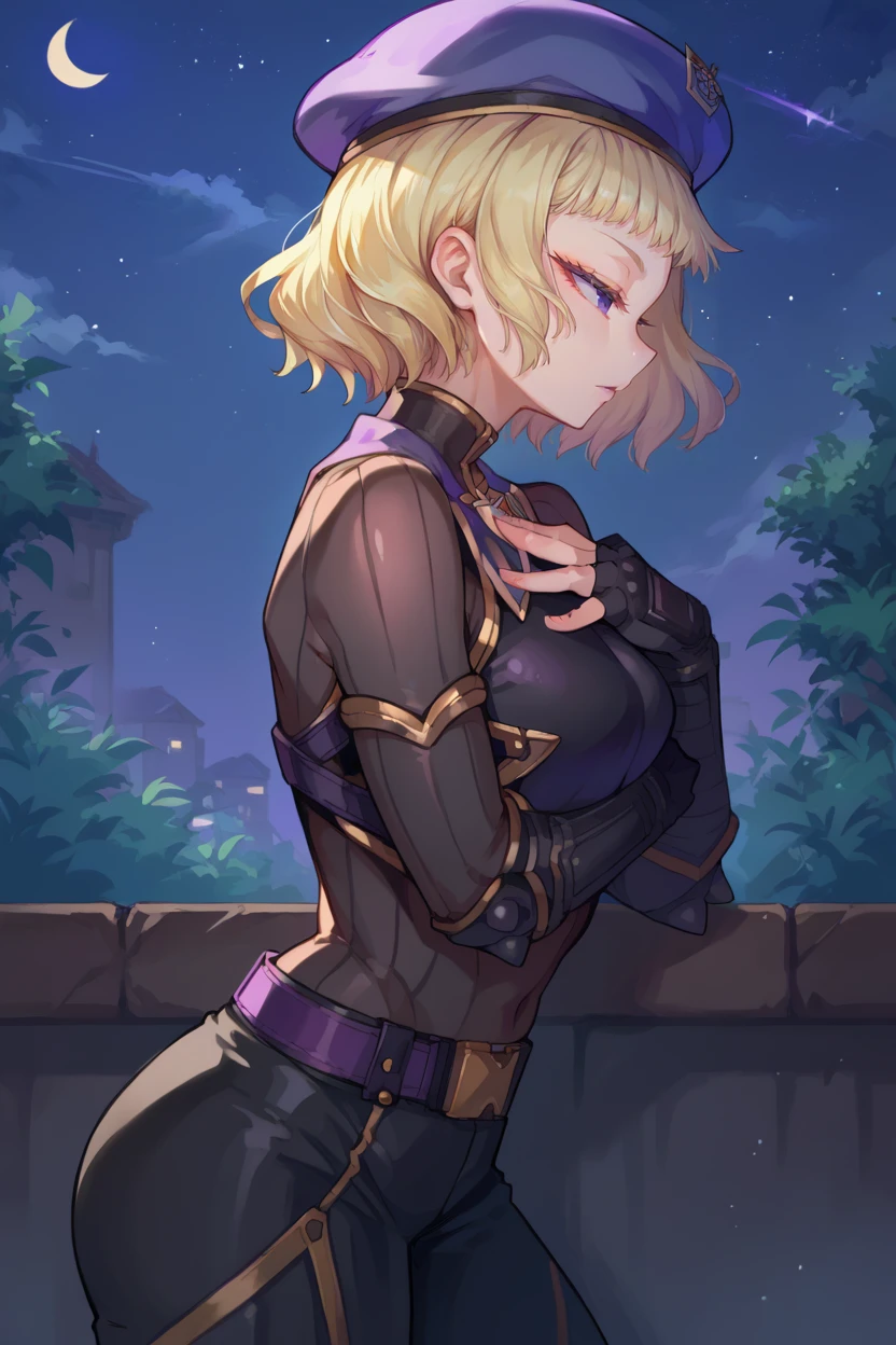 score_9, score_8_up, score_7_up, score_6_up, source_anime, BREAK 1girl, solo, <lora:vc4nikola-pdxl-nvwls-v1-000005:1> vc4nikola, blonde hair, purple eyes, short hair, beret, black bodysuit, fingerless gloves, belt, black pants, from side, night, night sky, profile, upper body, hand on hip, hand on own chest