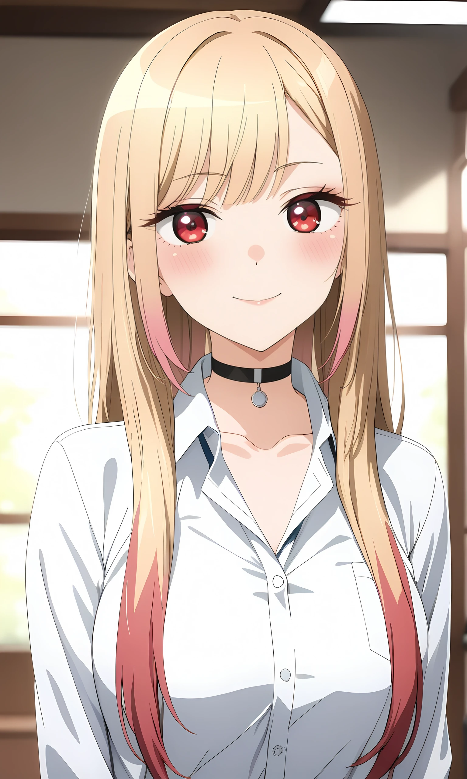 (masterpiece, best quality, very aesthetic, ultra detailed, many details), kitagawa marin, 1girl, solo, choker, blonde hair, long hair, black choker, shirt, smile, red eyes, looking at viewer, white shirt, bangs, indoors, multicolored hair, school uniform, collared shirt, upper body, closed mouth, collarbone, blurry background, meme, open clothes, <lora:Sono Bisque Doll wa Koi wo Suru - Marin Kitagawa XL R0.1:0.8>