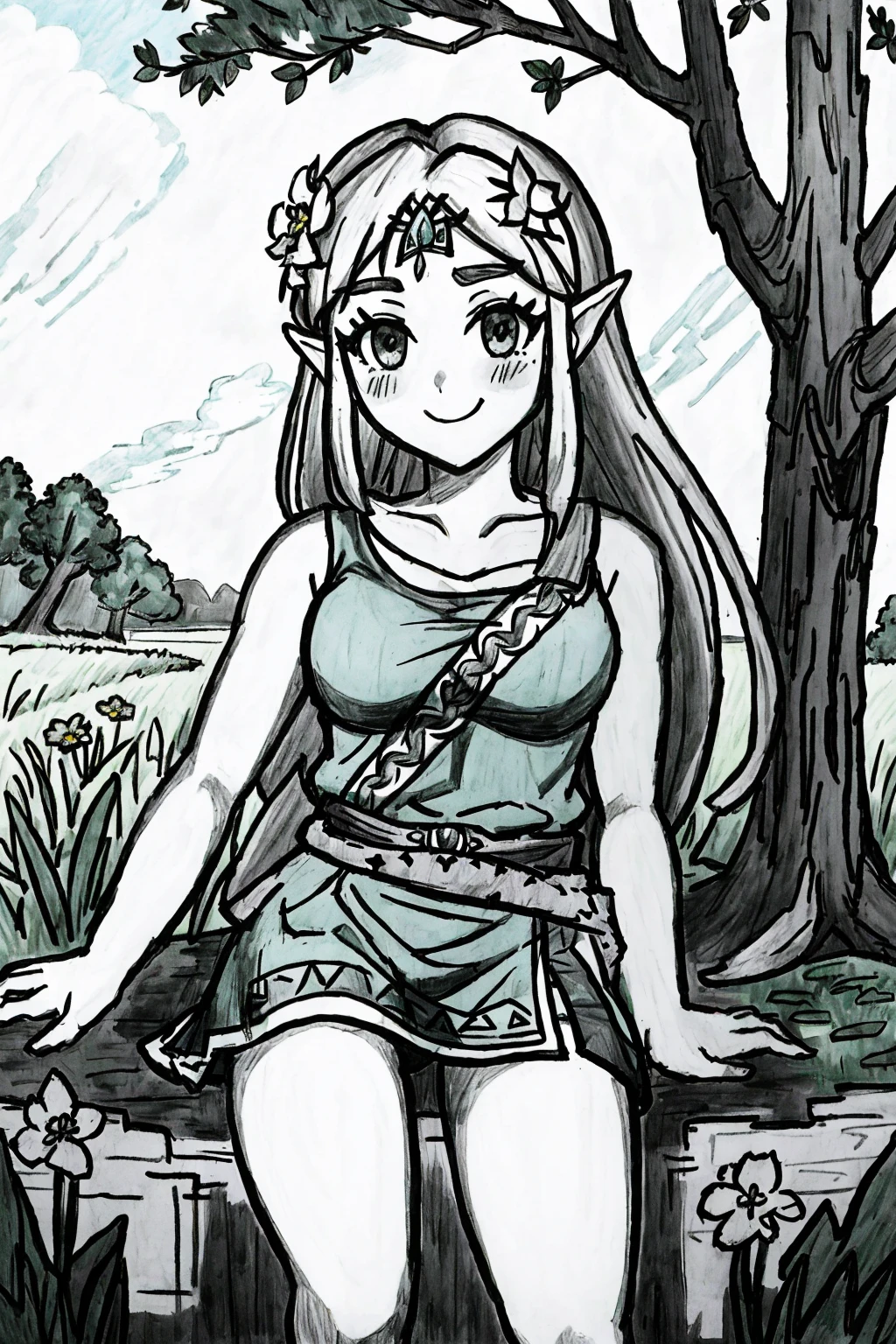 (((pencil sketch))), masterpiece, ultra-detailed, best quality, illustration, 8k cg wallpaper, an extremely delicate and beautiful, 1girl, Princess Zelda /(The Legend of Zelda/), solo, perfect anatomy, smiling, blushing, perfect arms, perfect legs, cute, pretty, beautiful, sexy, perfect body, (background: flowery field, grass, trees, flowers, ruins, intricately detailed items in background), <lora:MySketchArt:1>