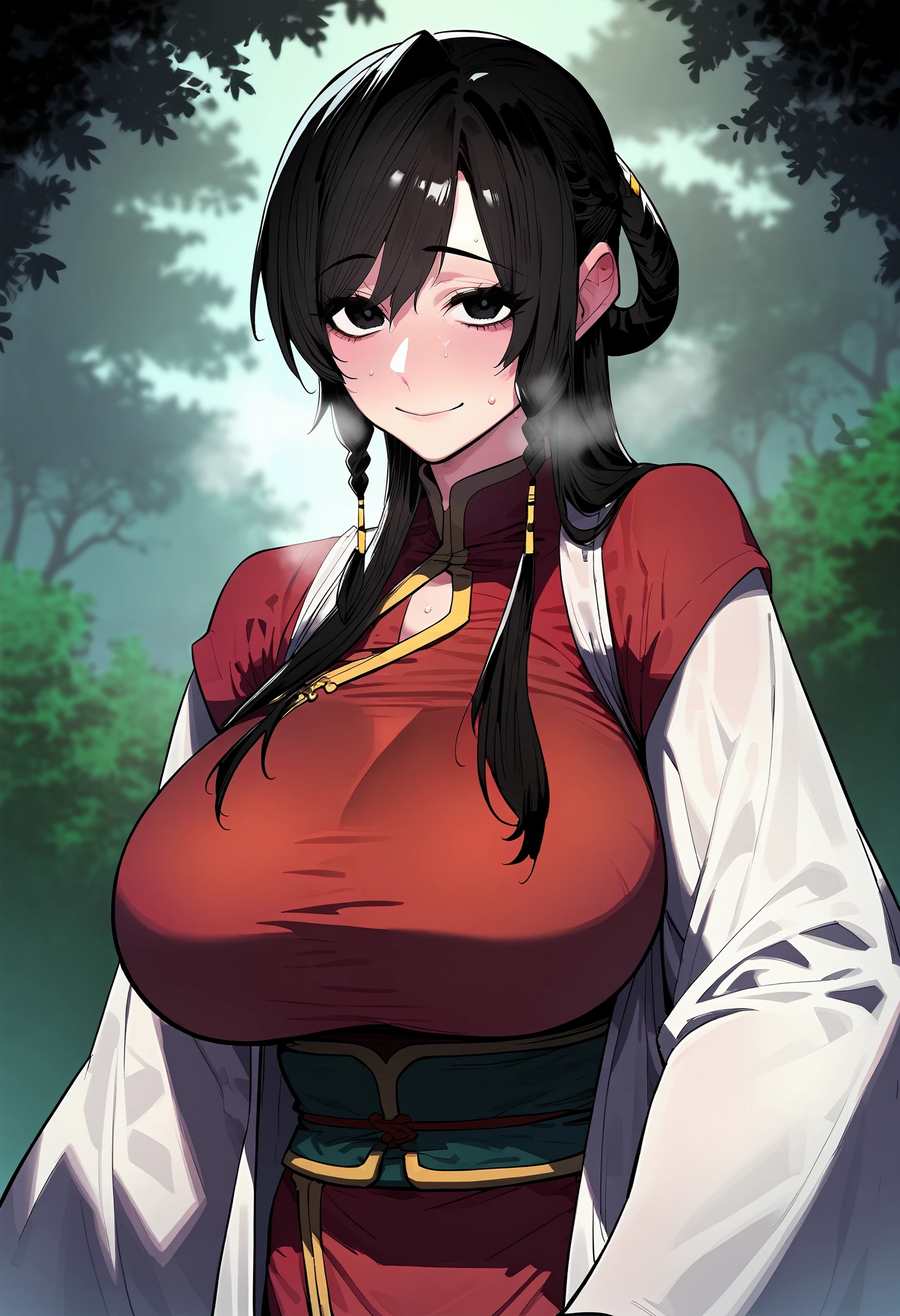 score_9, score_8_up, score_7_up, score_6_up, source_anime, rating_explicit, <lora:neg4all_bdsqlsz_V3.5:2.0>1girl, (solo:1.1), huge breasts, <lora:Naksowolponyxl:1> black hair, long hair, black eyes, braid, hair tubes, chinese clothes, red dress, white long sleeves, smile, Narrow shoulders, heavy breathing, sweat, steaming body, forest, outdoor, looking at viewer, pov