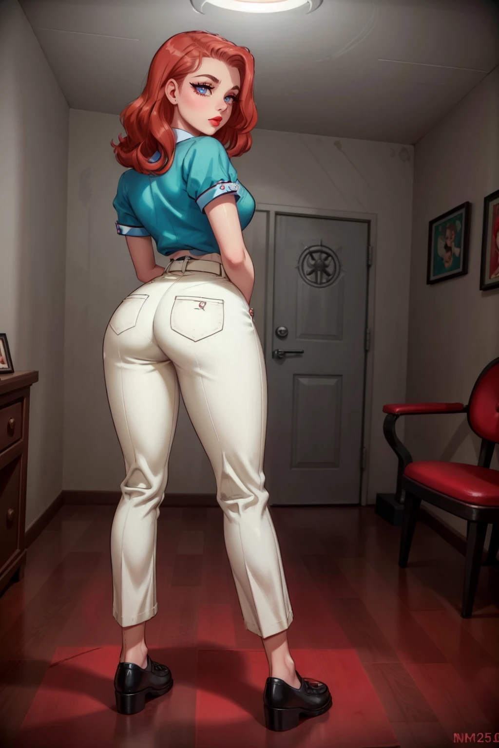 1950s fashion, 1950shighwaistpants, professional drawing of  37yo female, ((Ivory)) pants, clothing details, shoes, (posing), (red) hair, 4k, 8k, high quality, perfect lighting, detailed face and detailed eyes, skin detail,  solo focus, cartoon, (1950s (attic)),  clean smooth skin, looking at camera, detailed eyes, pretty face, full body posing, (Michelle Trachtenberg,Saxon Sharbino,Alice Kremelberg as 37yo female:0.8), 1950s, ((from behind))  <lora:1950shighwaistpants:0.5>