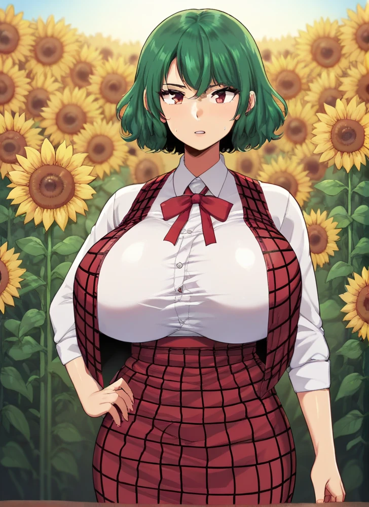 score_9, score_8_up, YuukaAmazon, short hair, white shirt, green hair, collared shirt, huge breasts, red vest, open vest, red eyes, red ribbon, sunflower field, plaid skirt, <lora:Yuuka_Kazami_Yuuka_Scattered_Shards_Of_The_Yokai_Pony:1>