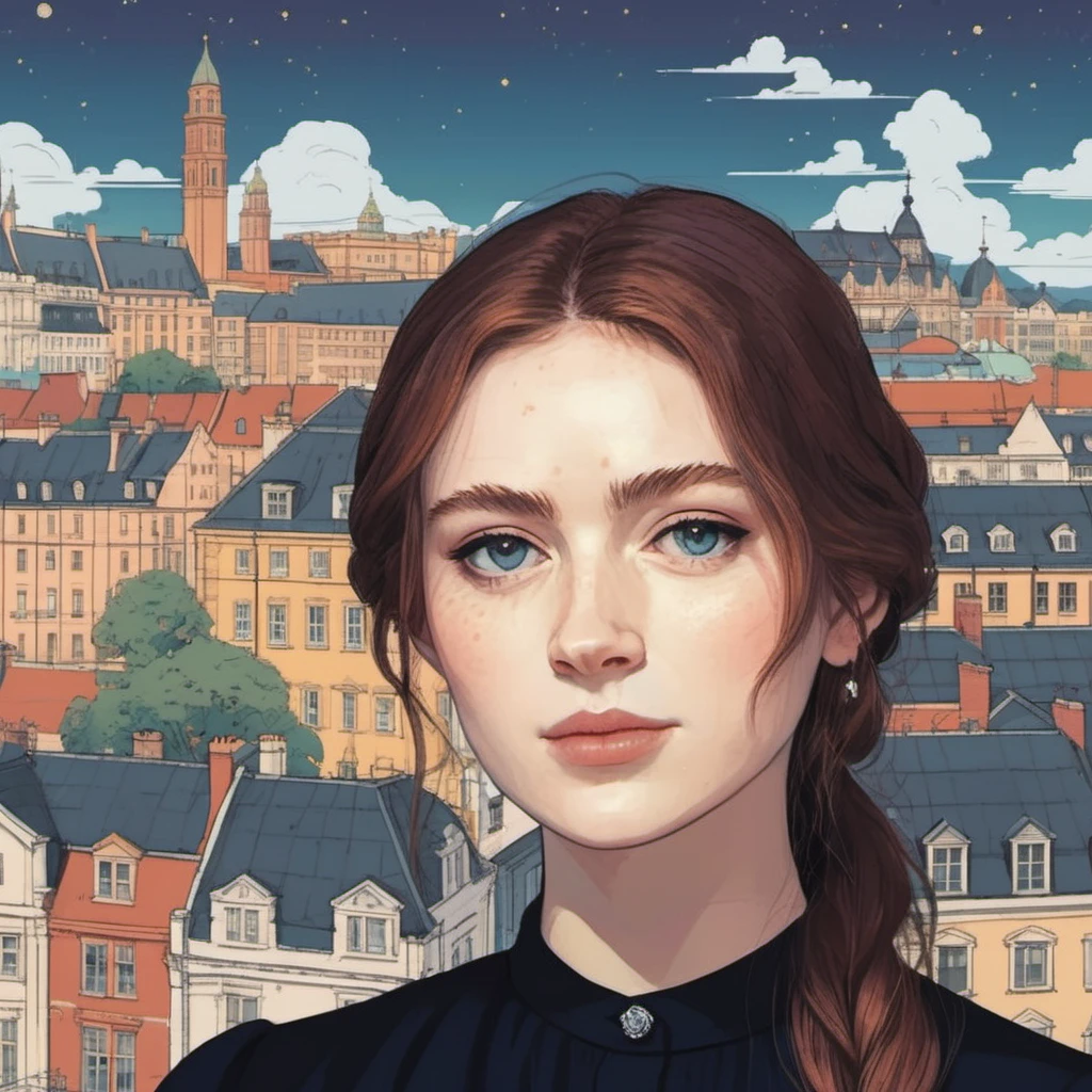 Studio ghibli style illustration of the face of a woman looking at the viewer with a victorian city square in the background, saxsnk,  <lora:sasink_juggerX_xl_2_st-saxsnk-000088:1>