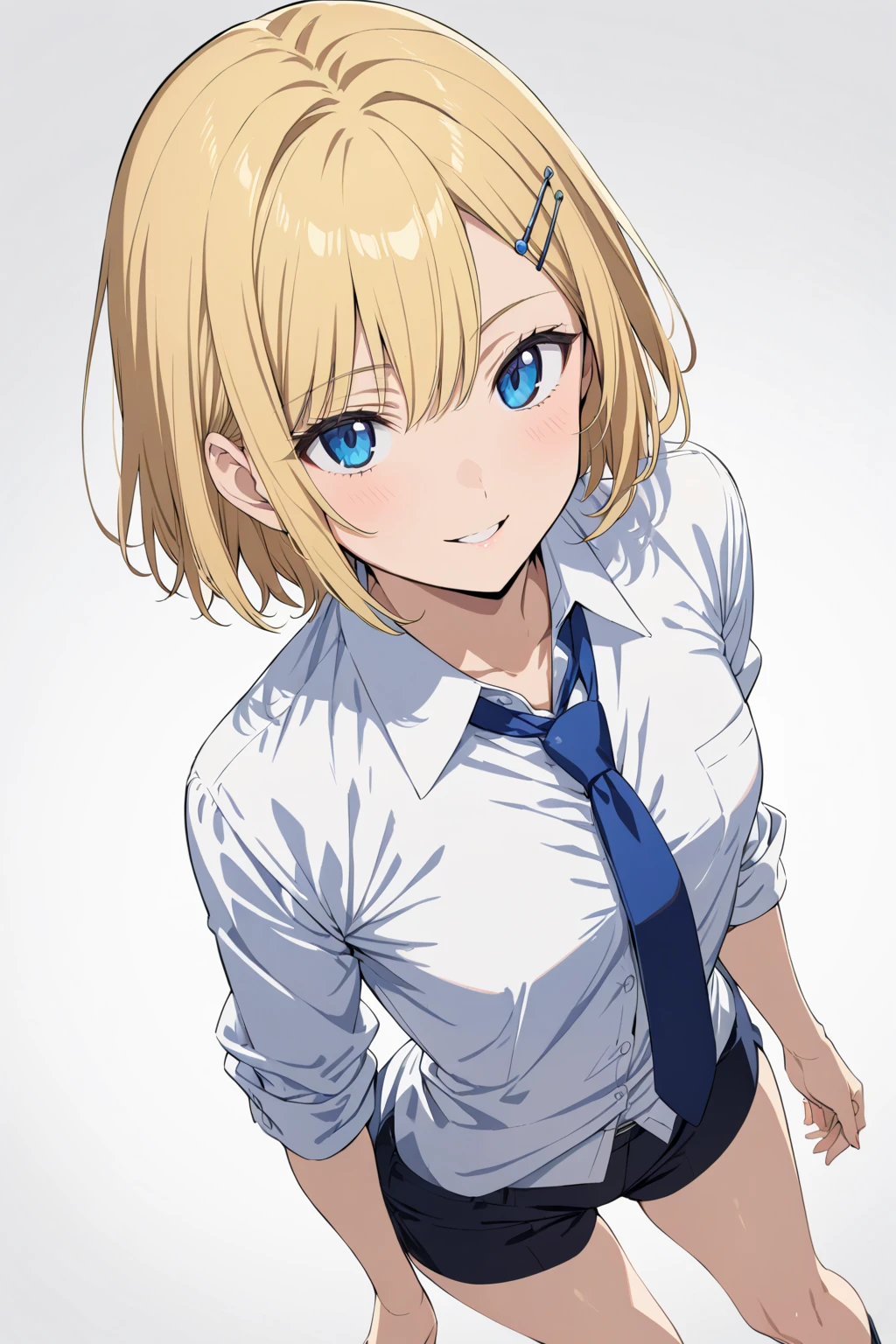 1girl, short hair, blonde hair, blue eyes, small breasts, white shirt, collared shirt, necktie, hairpin, seductive smile,
white background, simple background, anime coloring,
masterpiece, best quality,
from above