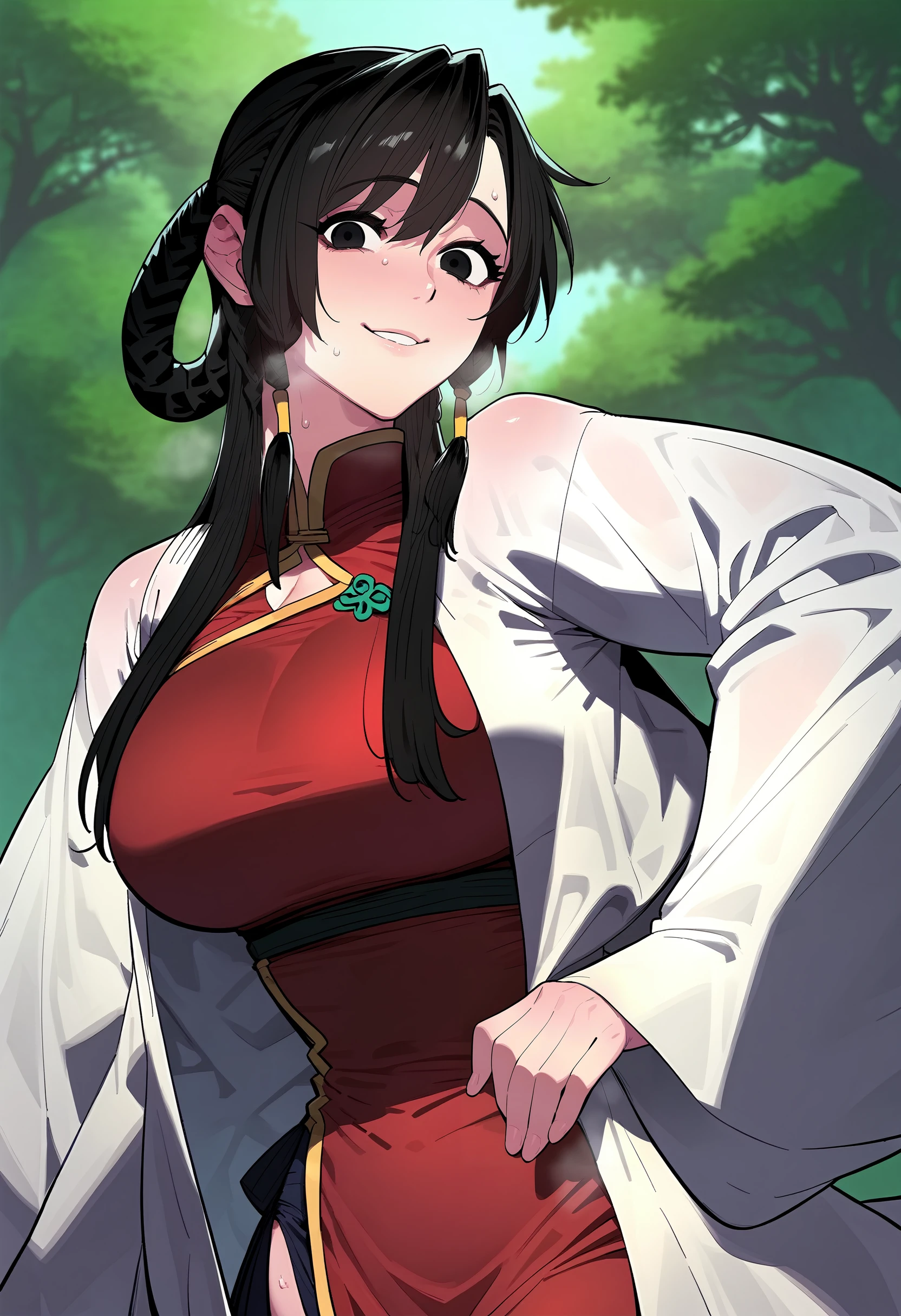 score_9, score_8_up, score_7_up, score_6_up, source_anime, rating_explicit, <lora:neg4all_bdsqlsz_V3.5:2.0>1girl, (solo:1.1), huge breasts, <lora:Naksowolponyxl:1> black hair, long hair, black eyes, braid, hair tubes, chinese clothes, red dress, white long sleeves, smile, Narrow shoulders, heavy breathing, sweat, steaming body, forest, outdoor, looking at viewer, pov