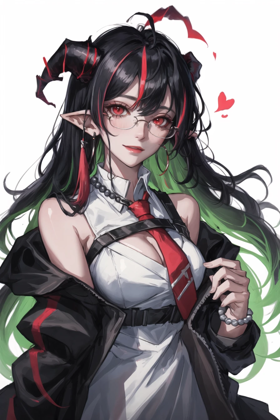 1girl, solo, dusk (arknights), horns, pointy ears, red eyes, black hair, glasses, bead bracelet, jewelry, heart, necktie, bracelet, upper body, beads, looking at viewer, red necktie, long hair, green skin, dragon horns, streaked hair, white background, simple background, multicolored hair, breasts, off shoulder, bare shoulders, blush, bespectacled, colored skin, white dress, green hair, dress, open clothes, tassel, smile, closed mouth, black jacket, jacket, sleeveless, earrings, cleavage cutout, black-framed eyewear, bangs, clothing cutout