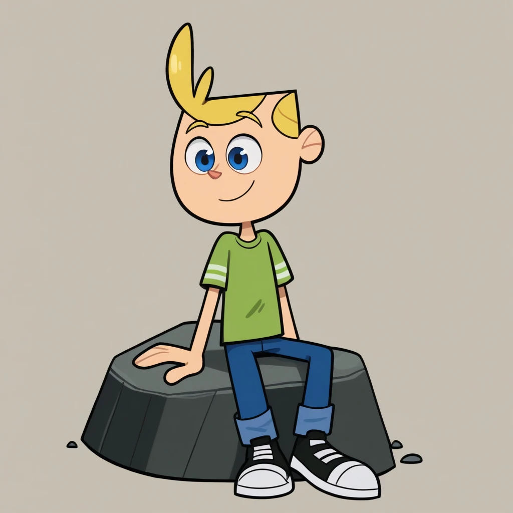 score_7_up, BREAK, Jimmy, 1boy, solo, blonde hair, blue eyes, light smile, green t-shirt, short sleeves, blue pants,   <lora:Jimmy_JTS_PXL_Leaf1:0.8>, sitting, on rock