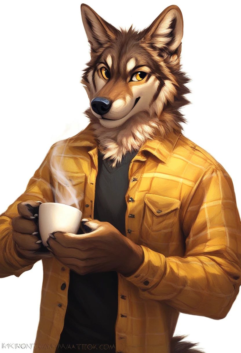 score_9, score_8_up, score_7_up, source_furry, rating_safe, by kenket,
anthro, canine, solo, male, wolf, brown fur, yellow eyes, paws, holding cup, coffee,
yellow flannel shirt, simple background,
<lora:E6_Styles_-_Kenket_Definitive_Edition_v2-000008:1>