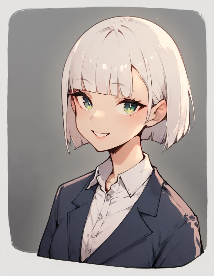 <lora:WhomperFruit XL:1>, upper body, office lady, green eyes, white hair, blunt bangs, blunt ends, smile, grey background, white shirt, facing viewer, +_+, score_9, score_8_up, score_7_up, score_6_up, score_5_up, score_4_up, BREAK