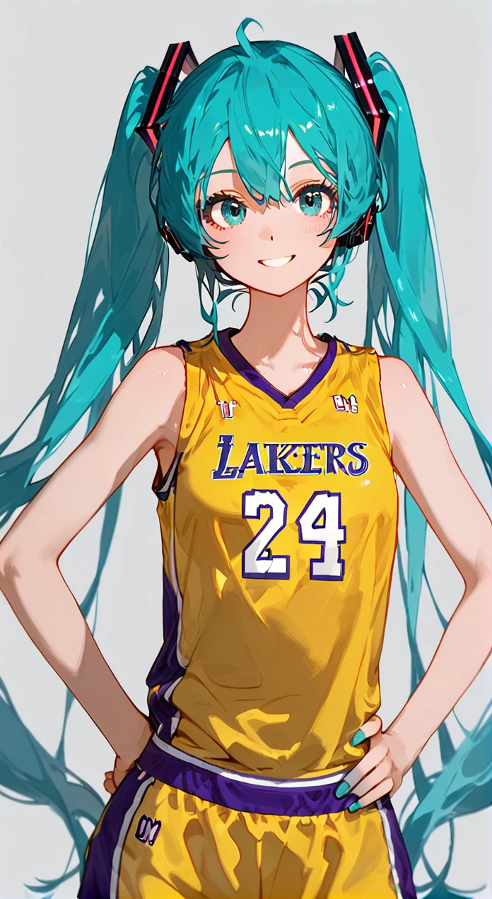 score_9,score_8_up,score_7_up,score_6_up,1girl,solo,upper body,smile, yellow shirt, basketball uniform,hatsune miku ,simple background,hands on hips, <lora:No.24 jersey_pony:0.8>