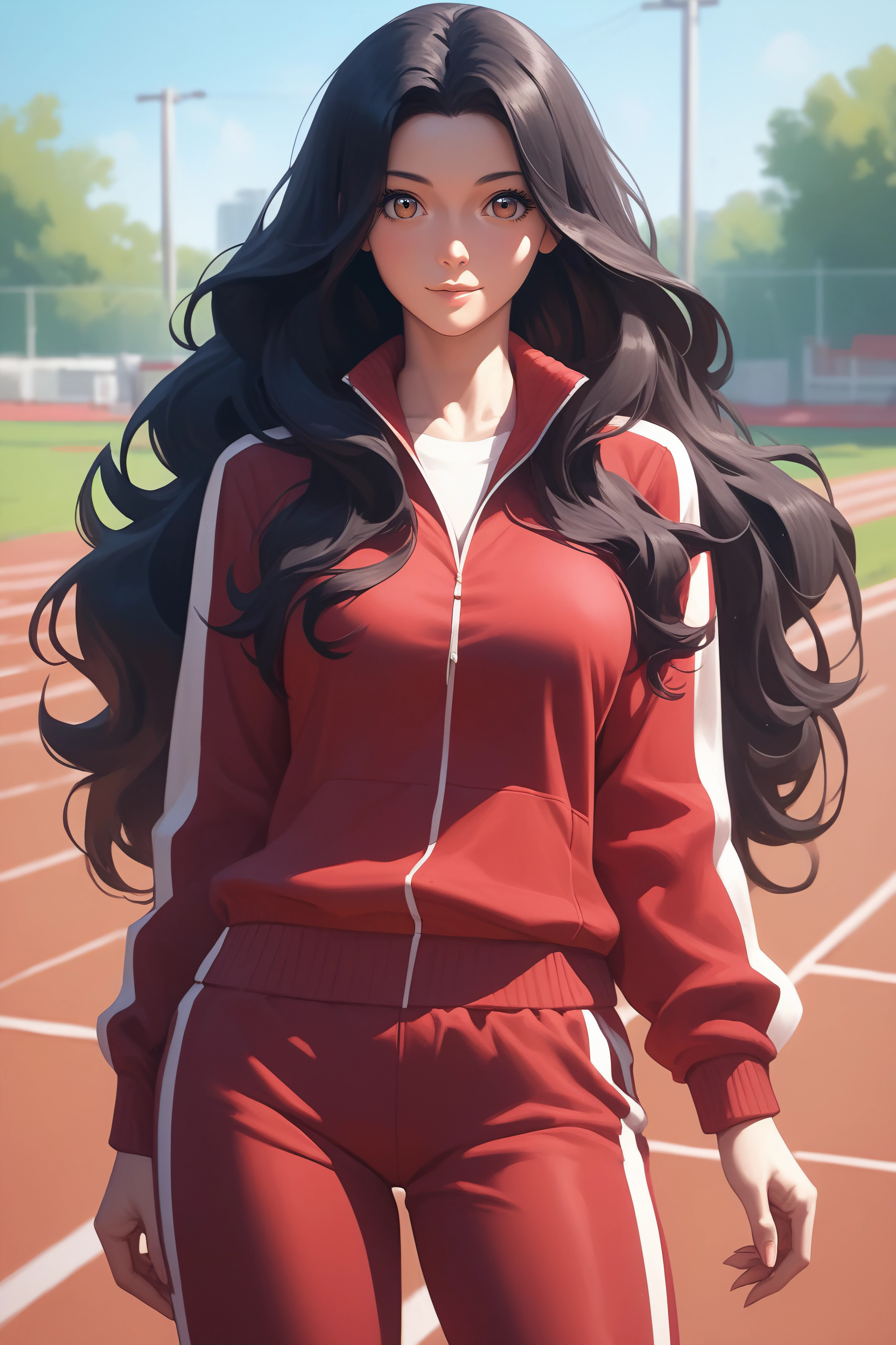 score_9, score_8_up, score_7_up, source_anime, <lora:Geum-Ok Yeon-PonyXL-lora-Faxtron:0.8> geum-ok yeon, brown eyes, black hair, long hair, medium breasts, track jacket, track pants,