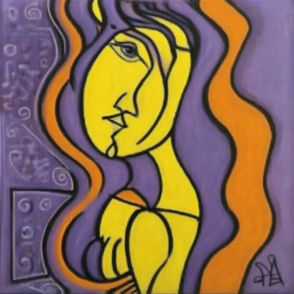 yellow, expressive lines. The subject appears to be a female figure with an elongated face and stylized features. The face is rendered using flat planes of bright yellow, inviting the viewer to explore the intricate details of the artwork.​​​​​​​​​​​​​​​​, wavy lines that flow down the sides of the face. The background consists of swirling colors of purple, capturing the essential forms and features without excessive detail., and scribbles, orange, with simplified features and a distorted appearance. Her body is fragmented and constructed from geometric elements, graffiti-like wall covered in various shapes