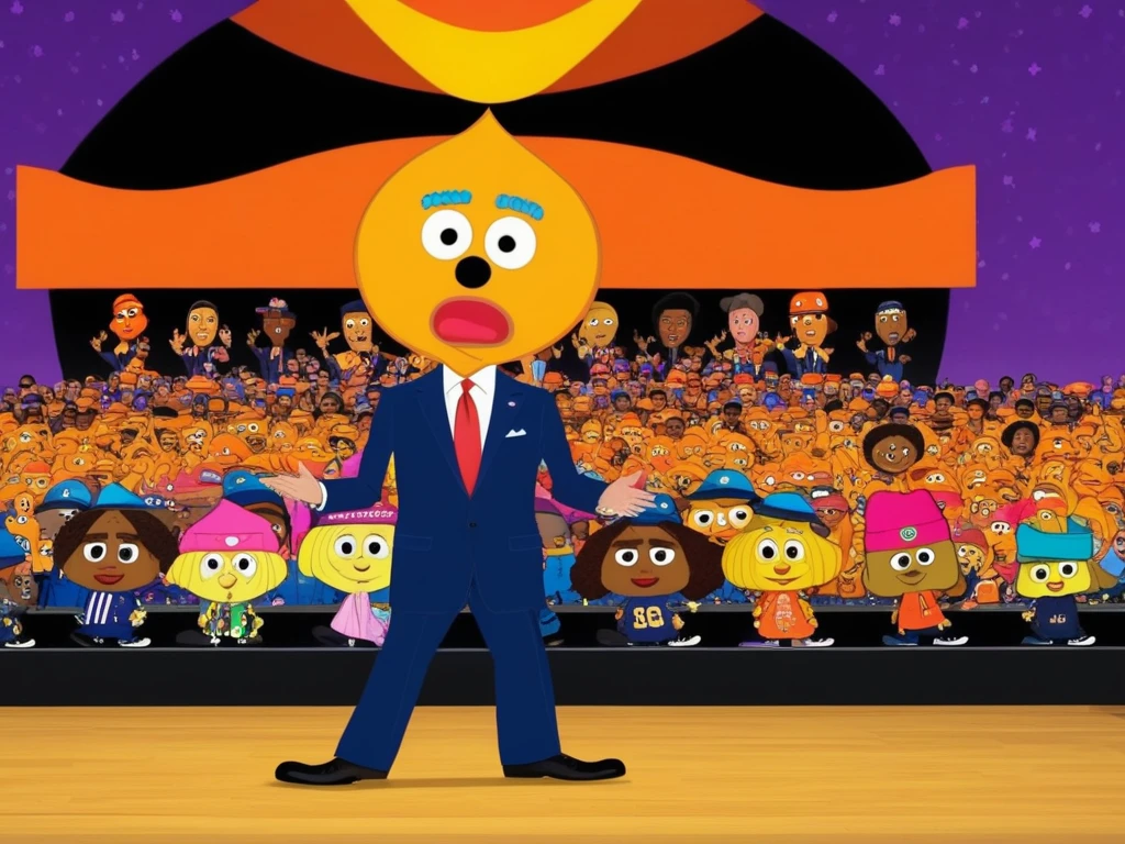 <lora:Kick_Punch_its_All_in_the_Mind:2>,Joe Biden Rap Battle,stylized drawing,in the style of parappa,joe biden rapping on stage