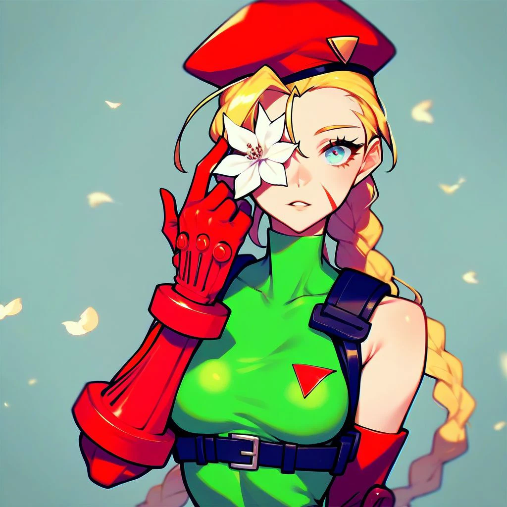 score_9,score_8_up,score_7_up,score_6_up,score_5_up,score_4_up, Flower on eye, one eye covered, solo, Cammy white, braid, blonde hair, parted lips, bodysuit, green bodysuit, red headwear, white flower, v, sleeveless, red gloves