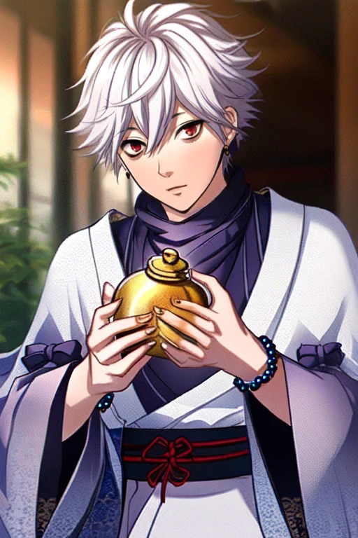 (masterpiece),(best_quality),1boy,Yakushi,purple bow,poncho,wide sleeves,belt,bead bracelet,holding jar,white hair,looking at viewer,<lora:Yakushi:1>,