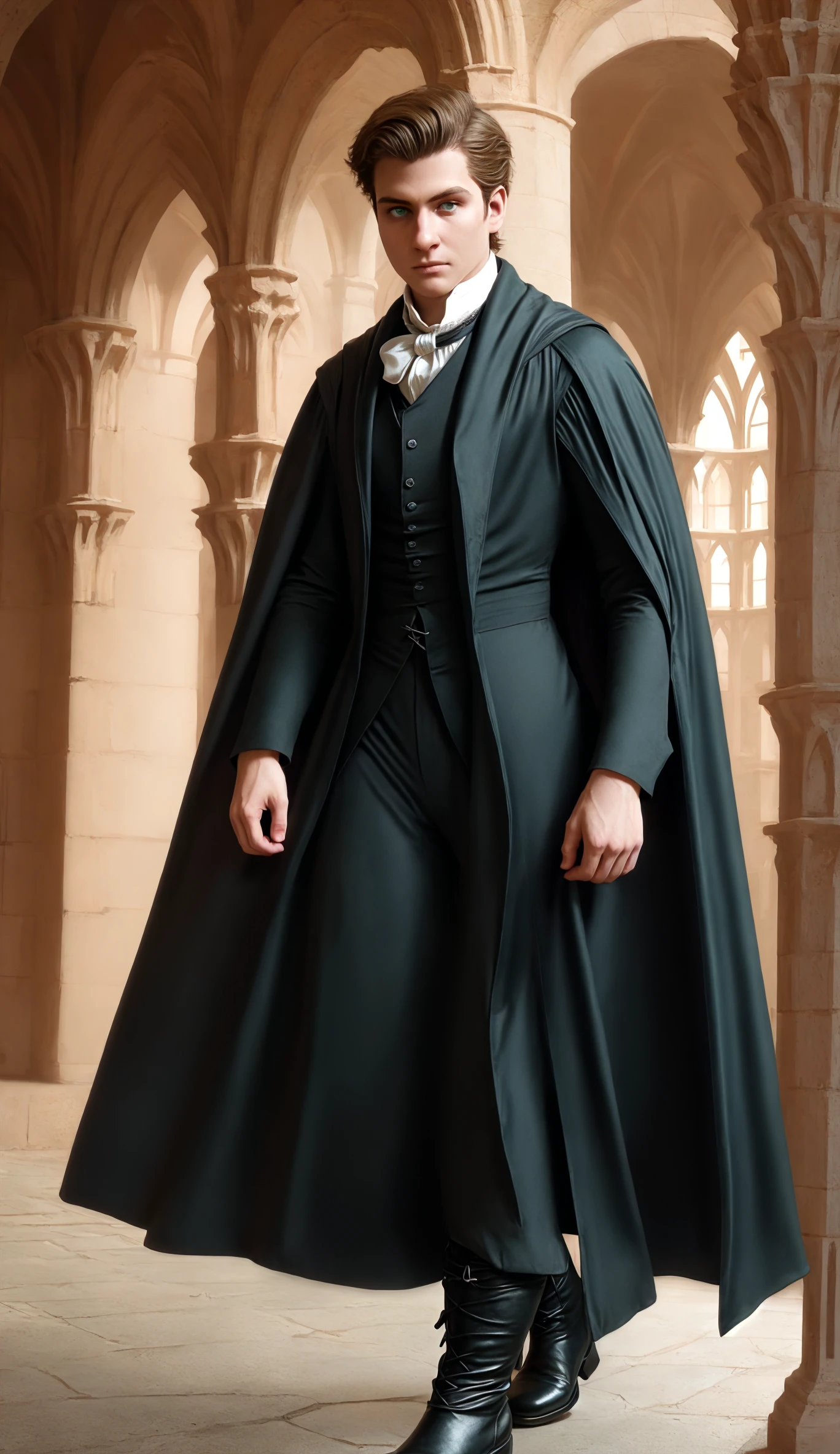 (face focus). (masculine:1.3), (large strong physique:1.0), walking through gothic courtyard:1.2, (wearing large long flowing simple black noble suit:1.3), ((19th century clothing style:1.3)), (wearing long flowing cape:1.3), (wearing matching pants and boots:1.2), (green eyes), (fantasy theme:1.3), styled hair, confident, handsome, (((masterpiece))), (((best quality))), (dignified pose:1.2), male, athletic, looking at viewer, (short hair), lower color saturation:1, lower contract color:1, <lora:OminisGaunt (1):1>