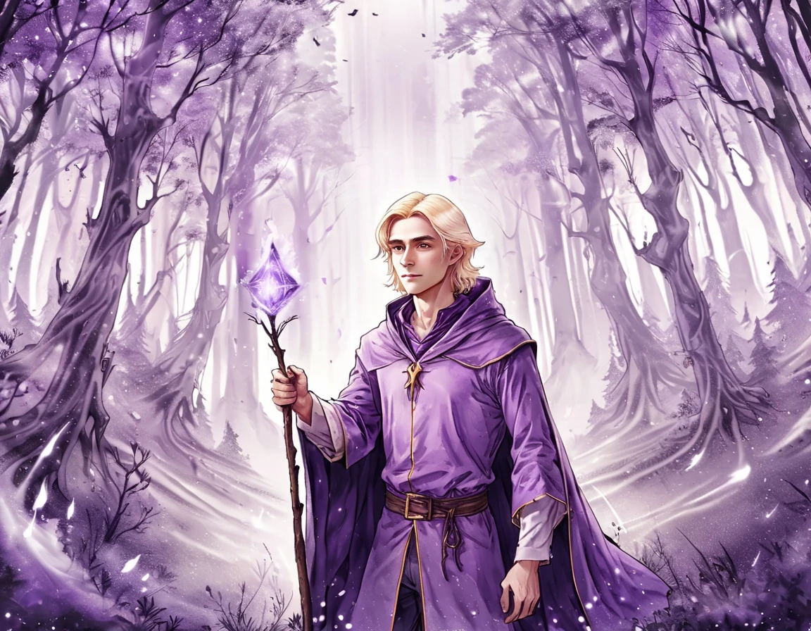 Purple Theme, blonde male wizard inside a forest