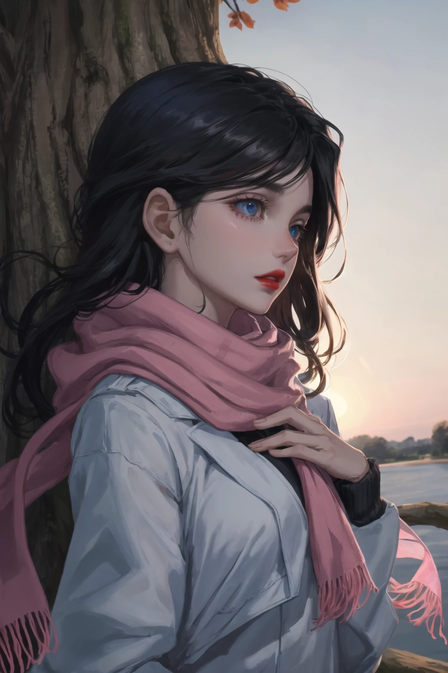 1girl, black hair, scarf, solo, long hair, pink scarf, outdoors, tree, upper body, hand on own chest, blue eyes, long sleeves, red lips, from side