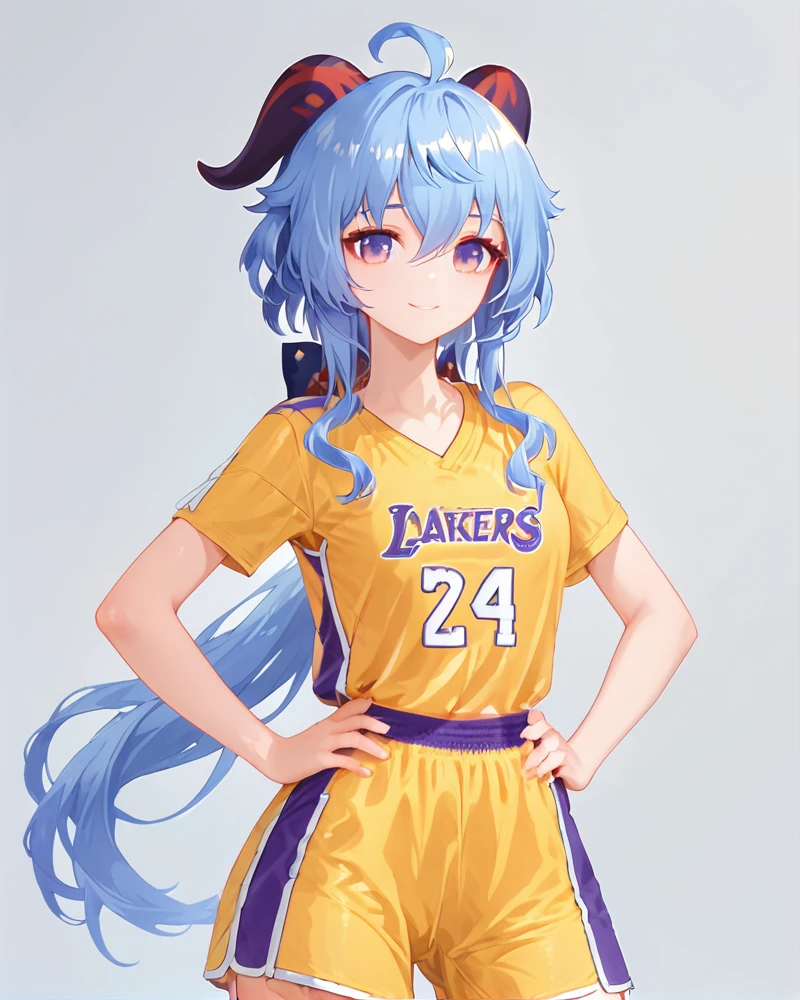score_9,score_8_up,score_7_up,score_6_up,1girl,solo,upper body,hands on hips,smile, yellow shirt, basketball uniform, simple background,<lora:No.24 jersey_pony:1>, ganyu \(genshin impact\)