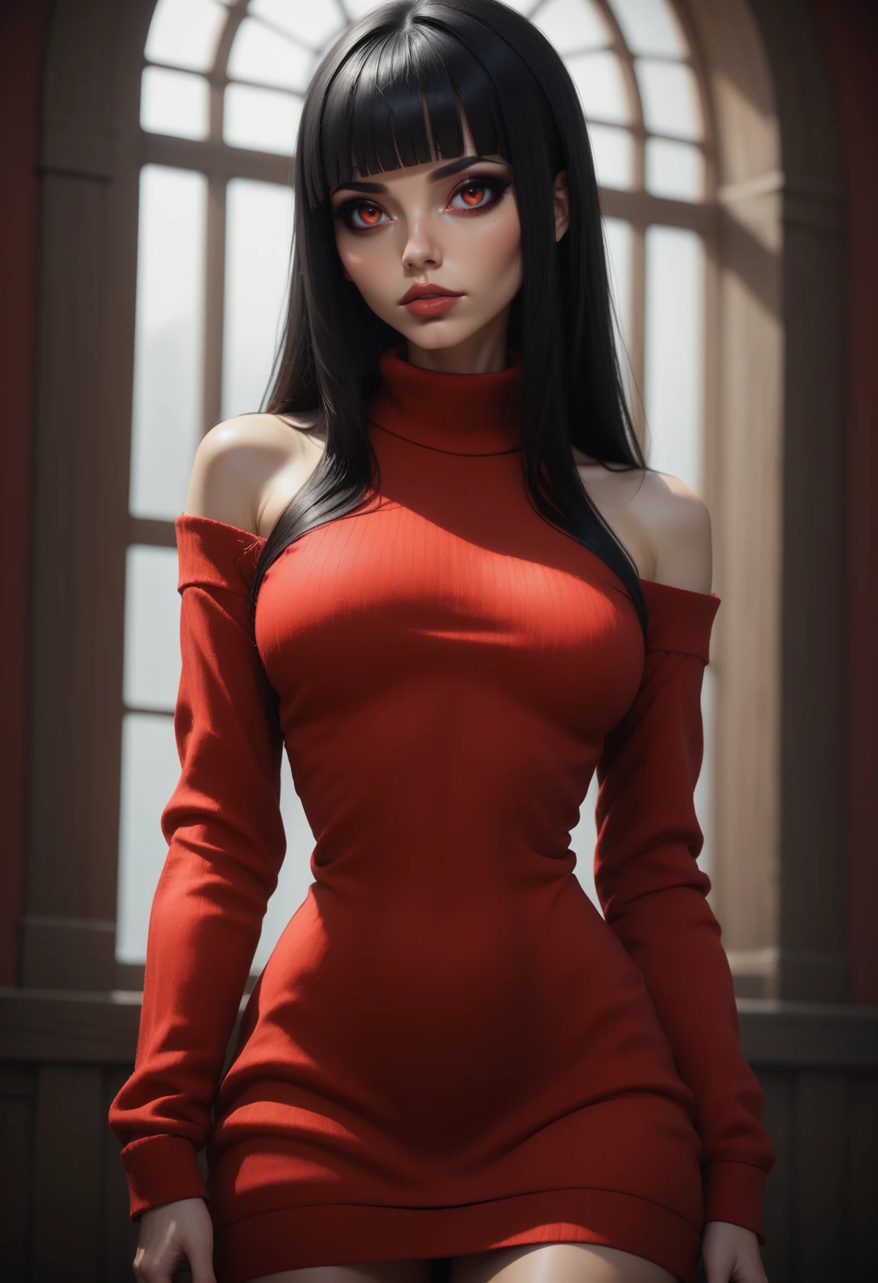 score_9, score_8_up, score_7_up, 1girl, solo, sexy sweater dress, red dress, long sleeves, bare shoulders, <lora:Dark_Ruby_Pony_v0.2:0.5> d4rk_ru8y, black hair, blunt bangs, red eyes,