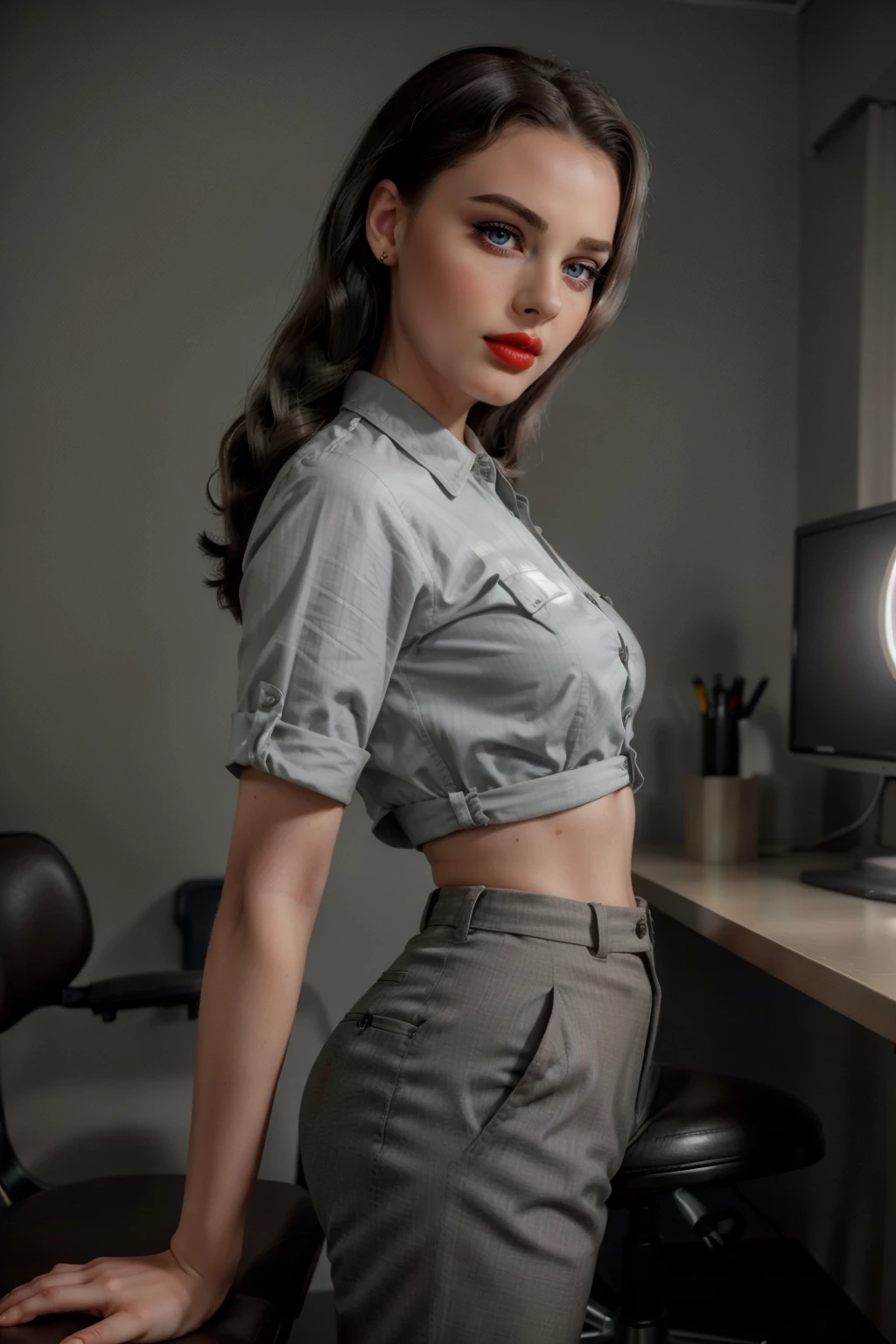 1950s fashion, 1950shighwaistpants, professional photo of  37yo female, ((Khaki)) pants, clothing details, shoes, (posing), (dark gray) hair, 4k, 8k, high quality, perfect lighting, detailed face and detailed eyes, skin detail,  solo focus, photography raw, (1950s (cubicle)),  clean smooth skin, looking at camera, detailed eyes, pretty face, full body posing, (Kate Bosworth,Sara Paxton,Finley Rose Slater as 37yo female:0.8), 1950s, ((from the side))  <lora:1950shighwaistpants:0.5>