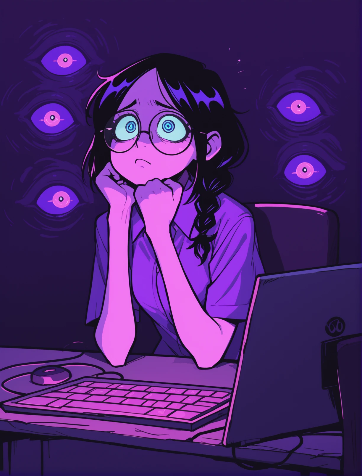 score_9, score_8_up, score_7_up, source_anime BREAK  (1girl),shizoeyes, valbun,single braid,black hair, open forehead, blue  eyes, ringled detailed eyes,formal shirt, ((extra eyes)),  glasses, nerd, sitting at computer, tired, cel shading, purple theme, neon, astract, <lora:valbun_v2:0.6>, <lora:eyes:0.85>