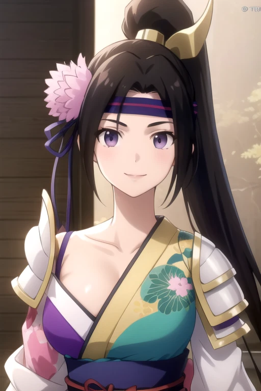 ((masterpiece)),(best quality),official art,extremely delicate and beautiful,extremely detailed CG,unity 8k wallpaper,ultra detailed,beautiful detailed eyes,extremely detailed face,outdoors,1girl,solo,upper body,(portrait:1.5),looking at viewer,facing viewer,smile,anime coloring,Inahime,very long hair,black hair,high ponytail,hair intakes,headband,hair ornament,hair flower,purple eyes,cleavage,bare shoulders,shoulder pads,japanese clothes,japanese armor,shoulder armor,purple kimono,obi,sash,pink bow,large breasts,detached sleeves,gloves,knee pads,kneehighs,purple socks,sandals,tabi,<lora:Inahime(sw)>,