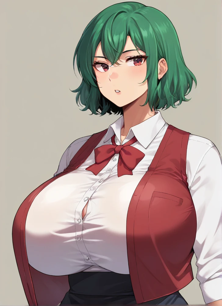 score_9, score_8_up, YuukaAmazon, short hair, white shirt, green hair, collared shirt, huge breasts, red vest, open vest, red eyes, red ribbon, <lora:Yuuka_Kazami_Yuuka_Scattered_Shards_Of_The_Yokai_Pony:1>