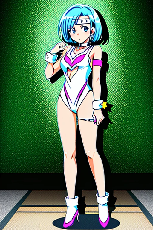 masterpiece, 
day, front view, full body, solo, 
1girl, standing, embarrass, looking_at_viewer, 
<lora:angel_leotard_v1:1>, angel leotard, angel leotard \(dq\), leotard, (clothing cutout:1.2), choker, white choker, jewelry, wrist cuffs, wristband,