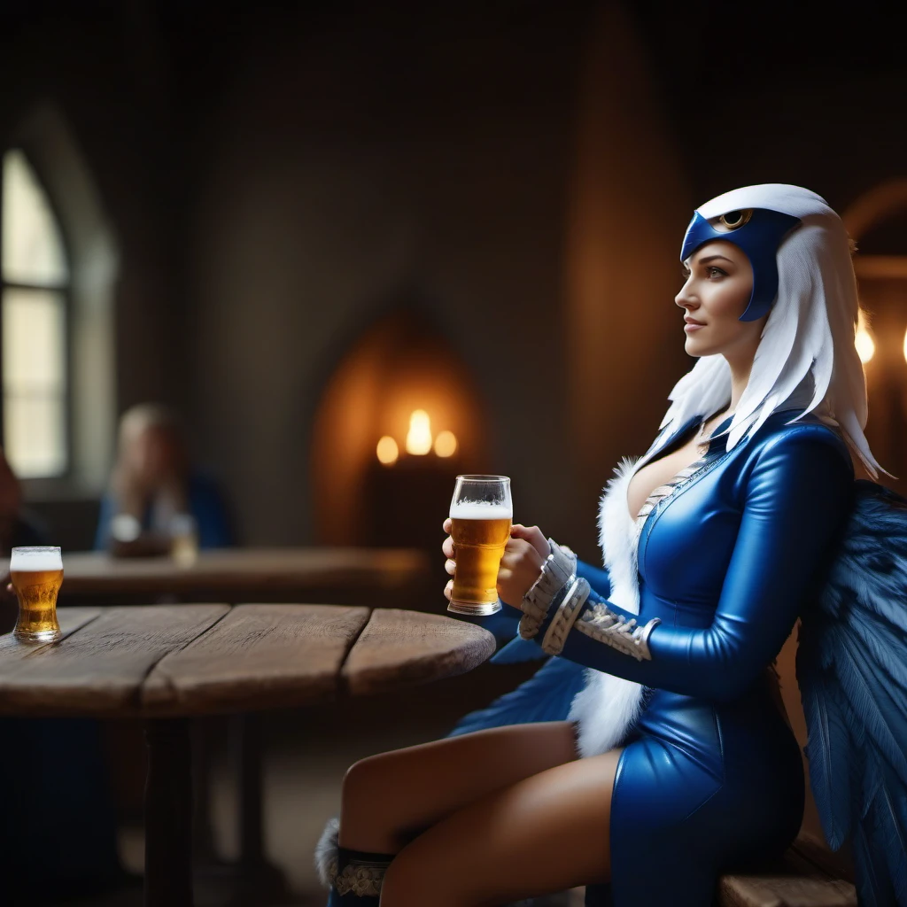 cinematic photo a woman, portrait, white hairs, white and blue suit, boots, feathers, wings, breast, having a beer in a medieval tavern  <lora:Sorceress1024:0.8> . 35mm photograph, film, bokeh, professional, 4k, highly detailed