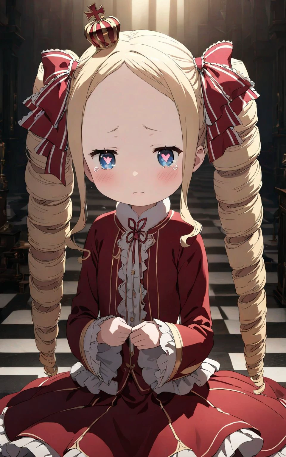 <lora:beatrice:1>
small girl, cries, correct anatomy, cute, crimson costume, many details, drill shaped twin blond hair, open forehead, shaped pupils, one crown, super detailed, atmospheric lighting, high quality, HD, realism