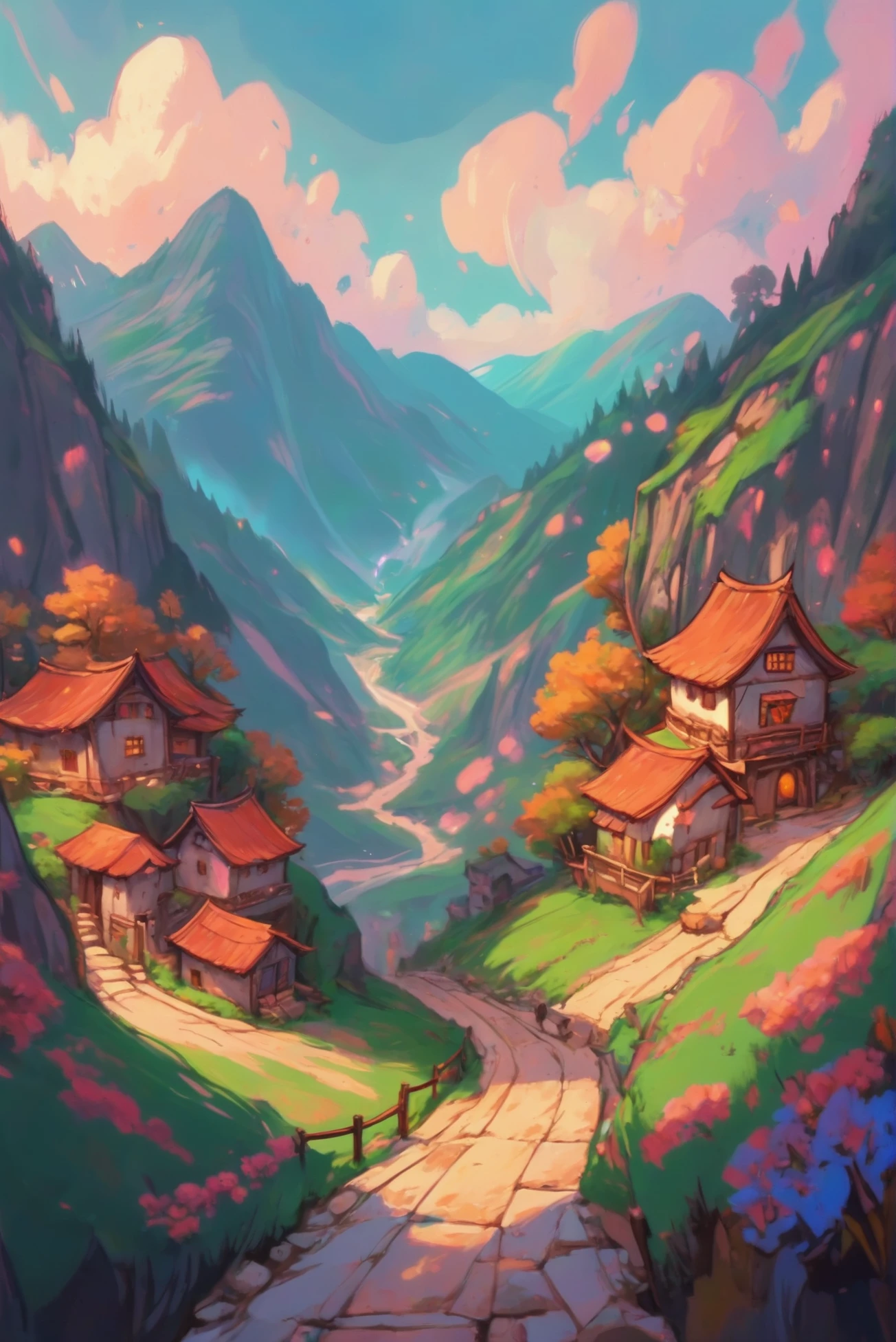 anime style digital painting, <lora:EnvyLightPastelXL01:.8> cozy,mountainside fantasy village outside of reality