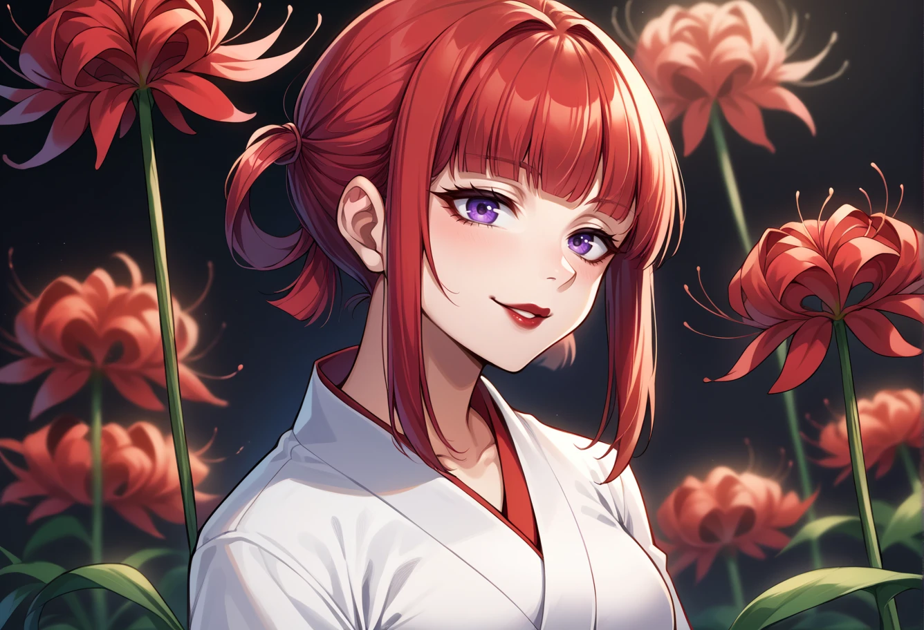 score_9, score_7_up, source_anime, BREAK  <lora:Spiderlily:0.8> spider lily,
, solo, seductive smile, red lips,
1girl, purple eyes, red hair, blunt bangs, medium breasts, low hair rings, white kimono, black background, red flower field,