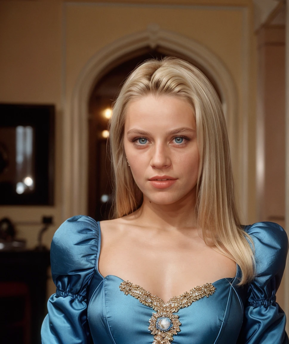 cinematic photo <lora:quiron_AnnaMarek_v6330_Lora:0.87> annaMarekQuiron, annaMarek, 1girl, blonde hair, blue eyes, lips, looking at viewer, wearing queen costume, . 35mm photograph, film, bokeh, professional, 4k, highly detailed