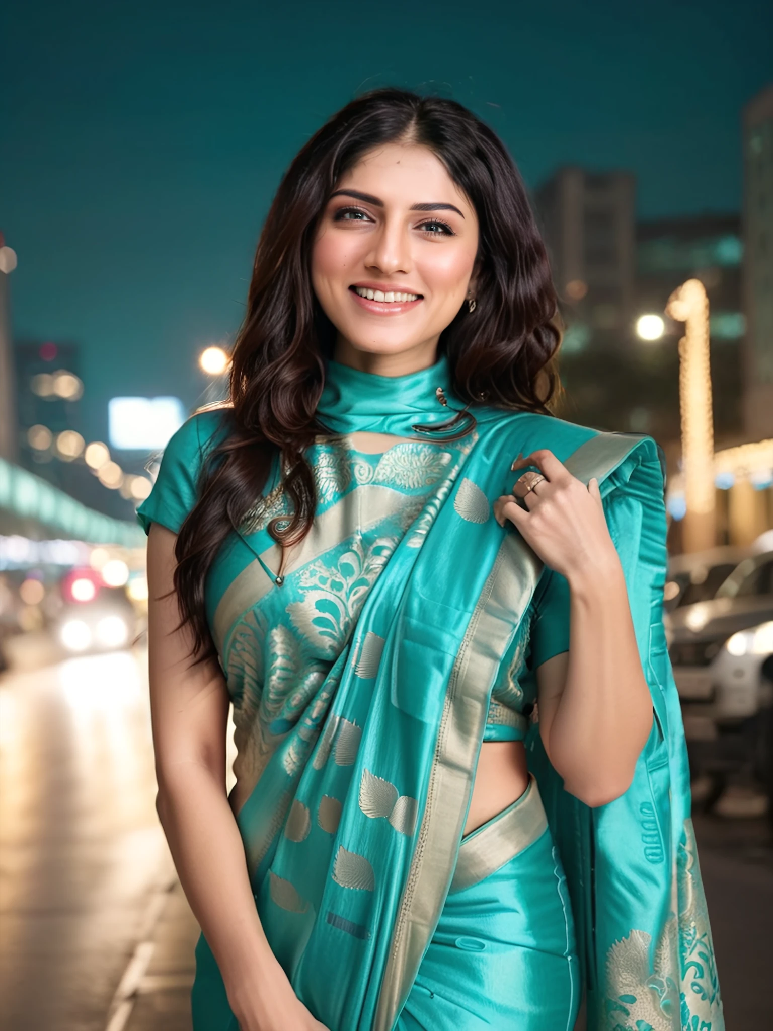 photo of a Sapna Pabbi woman,  Turquoise colored high neck Banarasi Silk Saree, dynamic pose, smiling, Looking at the camera, , soft lighting, night time, city lights in bokeh   <lora:Sapna_Pabbi_SDXL_LoRA_adafactor:1>