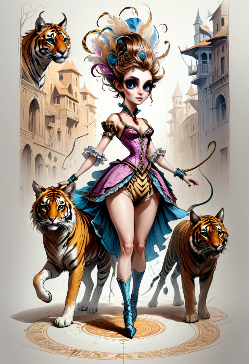 <lora:artfullyCARNIVAL_SDXL_V1:1>, artcrnvl, sketch, drawing, illustration, masterpiece, intricately detailed, best quality, absurd resolution, eyes open, full body, female, animal tamer, beautiful color story, concept class, game design, perfect hands