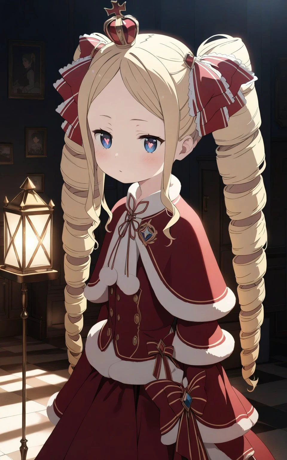 <lora:beatrice:1>
small girl, correct anatomy, cute,  crimson costume, many details, blond hair, drill shaped ponytails, shaped pupils, one crown, super detailed, atmospheric lighting, high quality, HD, realism