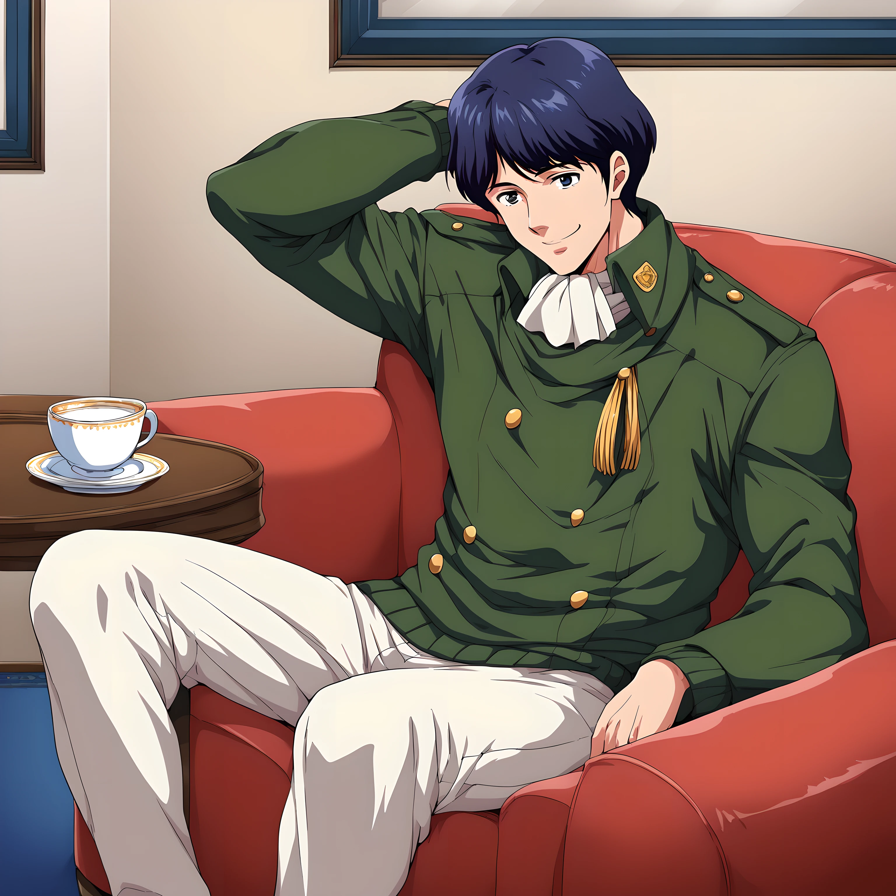 <lora:pony_xl_Yang>,Yang,score_6,score_7_up,source_anime,(1male:1.2),(male:1.2),solo,male focus,ascot,military,green jacket,military uniform,white pants,smile,couch,table,sitting,indian style,cup,teacup,parody,