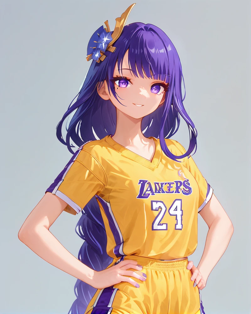 score_9,score_8_up,score_7_up,score_6_up,1girl,solo,upper body,hands on hips,smile, yellow shirt, basketball uniform, simple background,<lora:No.24 jersey_pony:1>,raiden shogun,