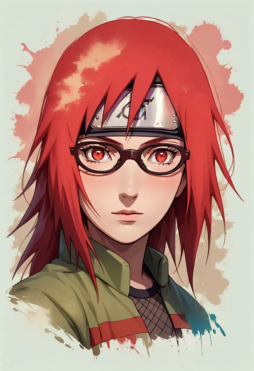 Faded Headshot, faded bottom, faded edges ,score_9,score_8_up,score_7_up,score_6_up,score_5_up,
1girl, karin uzumaki, genin, \(Naruto\), red eyes, red hair, short and spiky hair on the right side, longer and straight hair on the left side, glasses,
Fishnet top, fishnets, fishnet tights, green jacket, short sleeves, brown skirt, skirt, kusagakure symbol, toeless footwear,
digital illustration, disney, rule 63, full body, perfect anatomy, perfect face, abstract beauty, beautiful, centered, looking at the camera, approaching perfection, dynamic, moonlight, highly detailed, watercolor painting, artstation, concept art, smooth, sharp focus, illustration, 
(upper body:1.2), (close up:1.5), portrait, rated_safe,