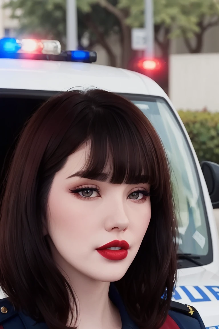 <lora:laurenchen-08:0.5>,,laurenchen,((red lipstick, blush, pale skin)),  , photo of a woman, , ((police uniform, police badge, police car)), city street, attractive, looking at viewer, ((short hair, messy hair, bangs))